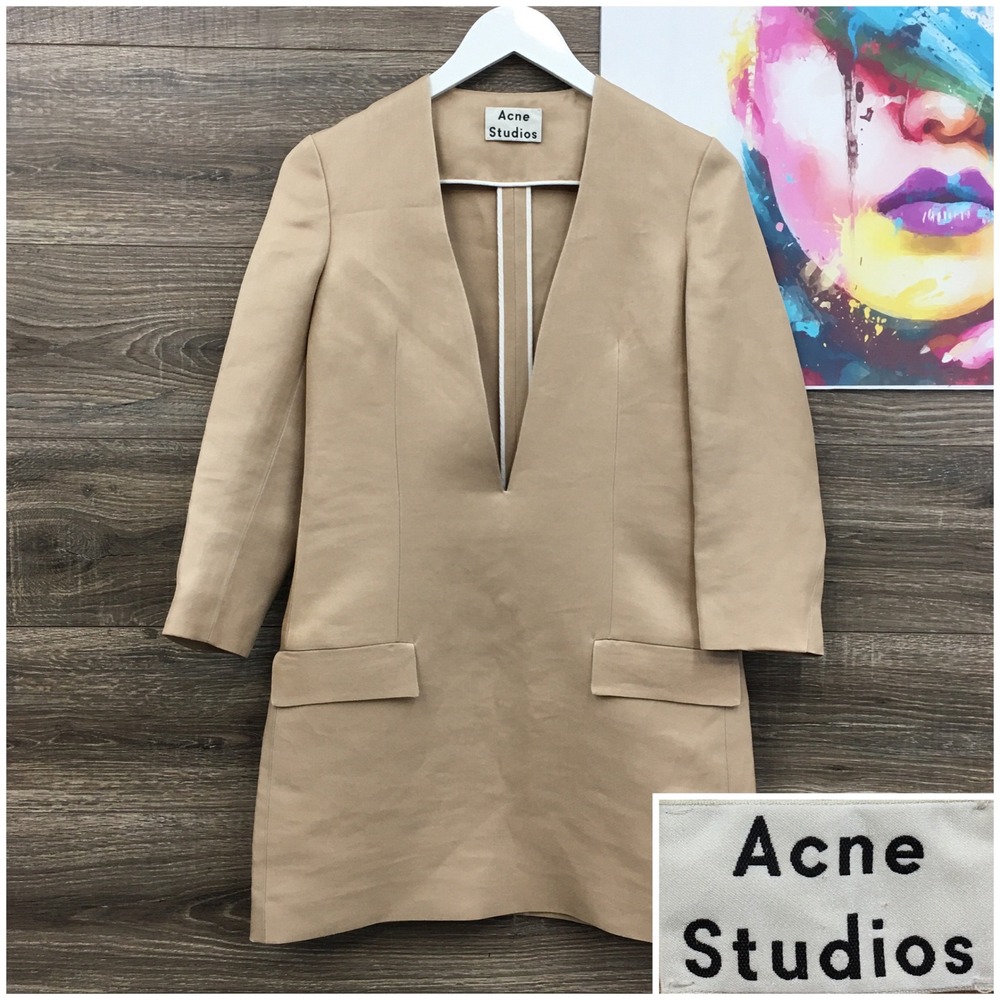 Acne Studios Ryde T Organza Silk Blend V-Neck Tunic Dress Tan Beige Size 34